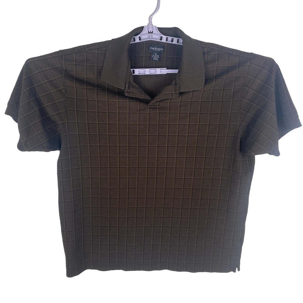 Van Heusen Mens Polo Shirt Brown Checks Preppy Classic Casual Size X-Large